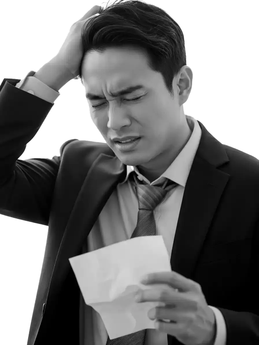 Seorang lelaki memegang kepala sambil membaca surat tuntutan bayaran